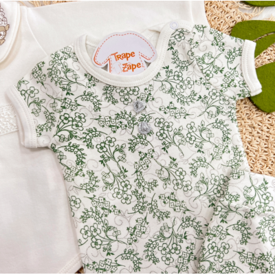 Conj. de Malha 3 peças - Ursa Bebê - Off White e Verde
